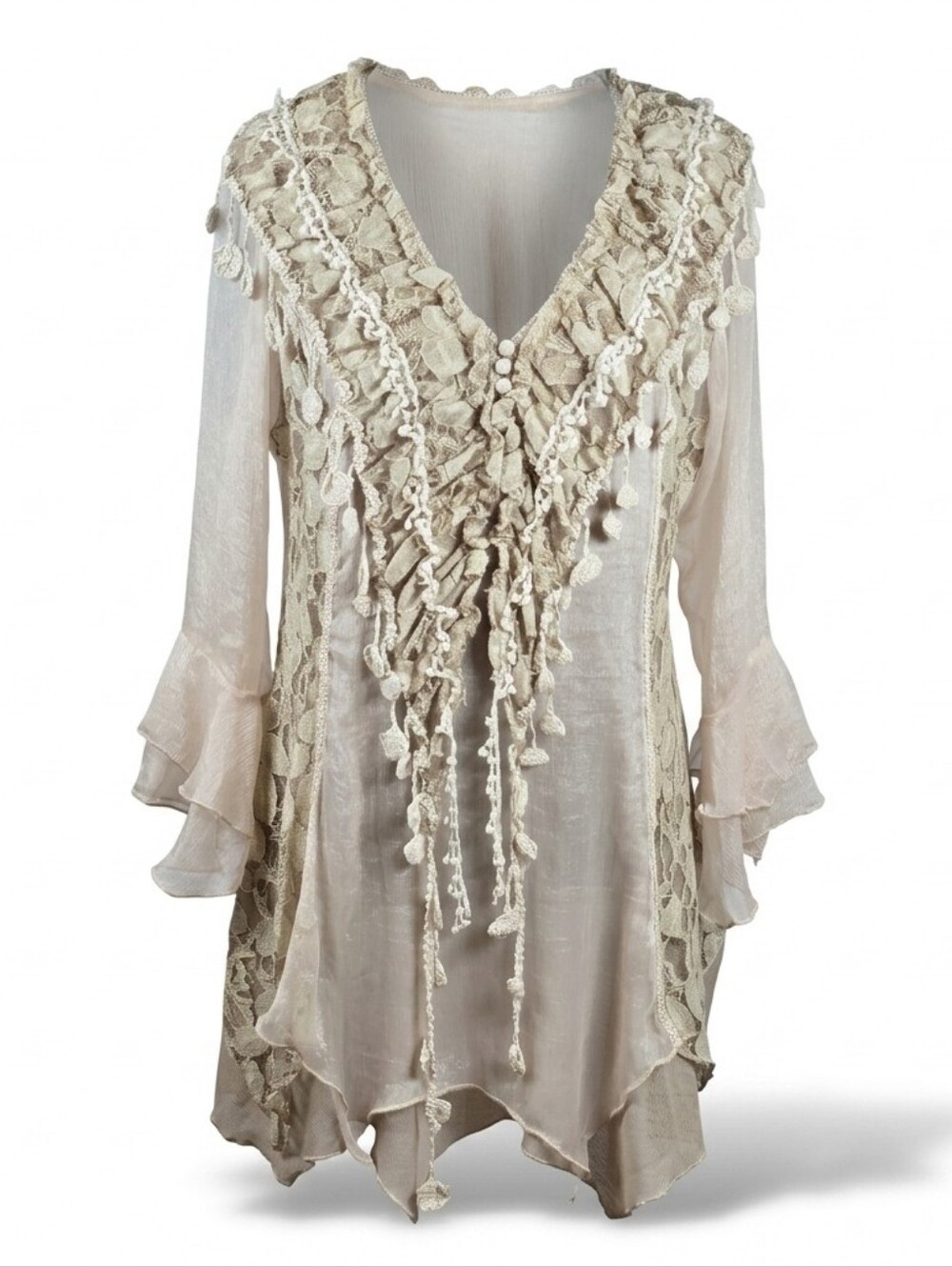 Pretty Angel Silk Blend Sheer Lace Tunic Top Sz.S Romantic Fairy Poet Asymmetric